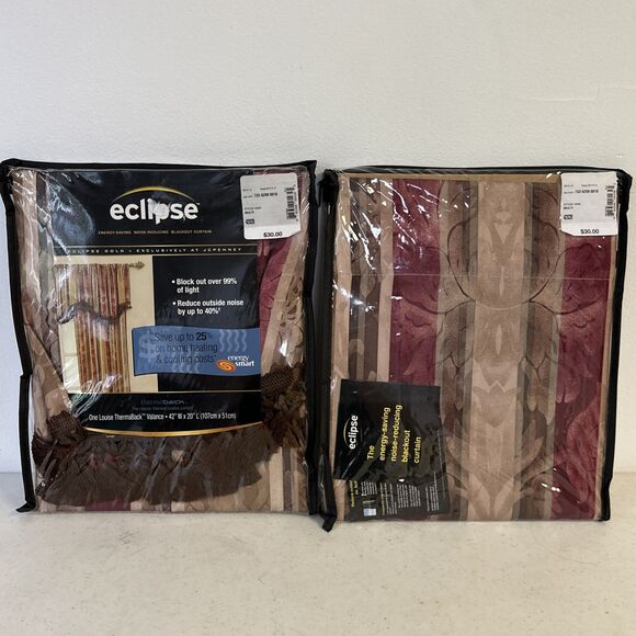 Set Of 2 Eclipse Stripped Gold Burgundy ￼Blackout Valance‎ Curtain 42" W x 16" H - Picture 1 of 7